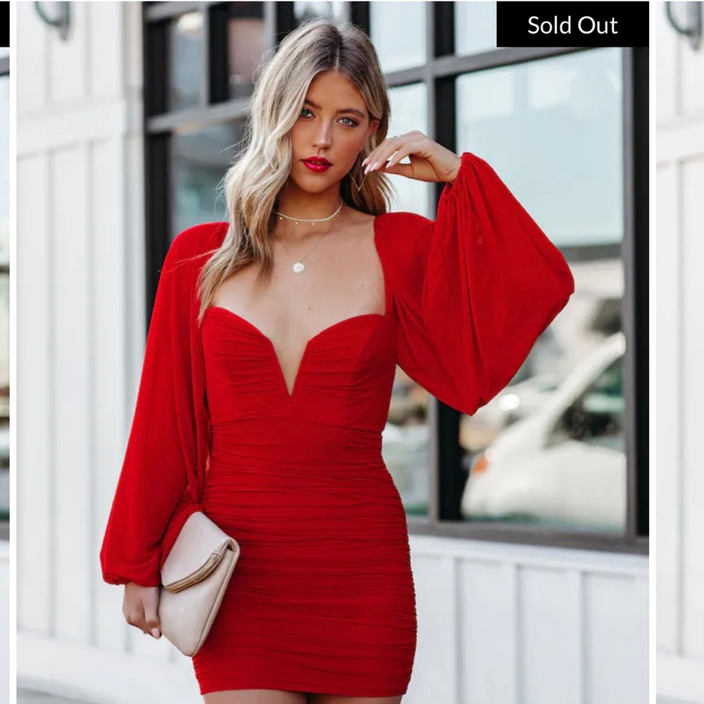 ZABELLA RUCHED STATEMENT SLEEVE MINI DRESS - RED (sold out)
